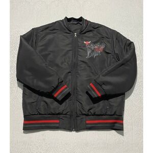 NBA Chicago Bulls DeFacto Bomber Jacket Mens Medium Black Red Full Zip Varsity